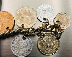 Vintage 15 RARE 1950’s Coin Charm Bracelet South Africa, India, Osterreich, Mex