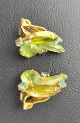 Vintage Juliana Green Blue Navette Round Rhinestone Clip On Earrings NO GLOW