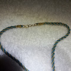 Vintage Indian Style, Gold, Toned Pendant necklace, Twisted Teal Silk Dori Cord