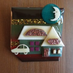 Retro Lucinda House Pin Crescent Man in Moon Gold & Pink Glitter Striped Night