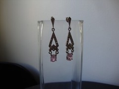 VINTAGE OPENWORK TEARDROP PINK TOPAZ W/MARCASITE SILVER 925 DANGLE STUD EARRINGS