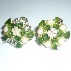 Vintage Signed Hobe Green Enamel Faux Pearl Clip Earrings CRAFT REPAIR As Is