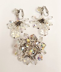 Vintage Clear Glass Crystal AB Bead Chandelier Earrings & Crystal Cluster Brooch