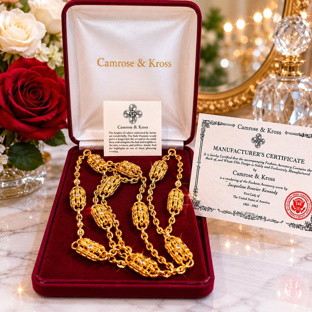 Camrose & Kross Jackie Kennedy Replica Necklace Gold Tone Crystal Box COA