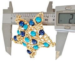 MANDLE Blue Floss Glass, Turquoise Glass Stone Cab Star Brooch Signed, L195