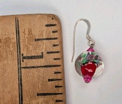 Vintage Sterling Silver Pink Roses Crystal Glass Lampwork Beaded Dangle Earrings