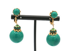 Vintage Vendome Signed Green Ball & Rhinestones Dangle Drop Clip On Earrings