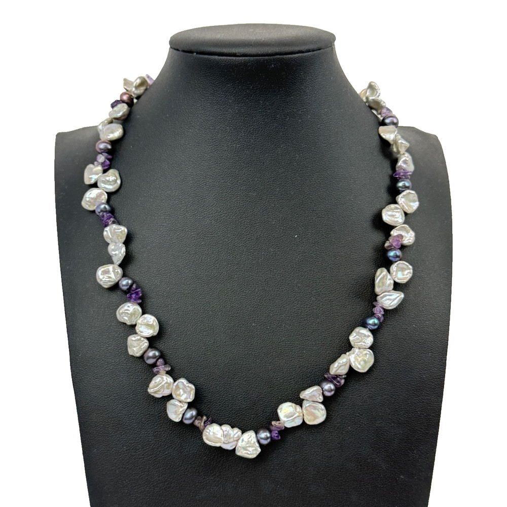 Freshwater Keshi Pearl OP Signed Sterling Silver Lavender Purple 16″ Necklace