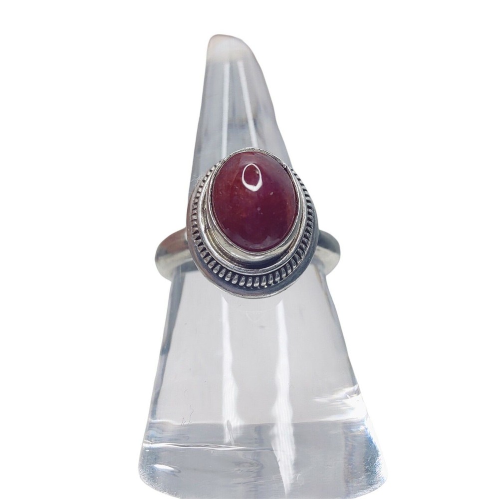 Silver Tone Victorian Style Ring Size 7.5 Round Cut Burgundy Stone Jewelry Vtg
