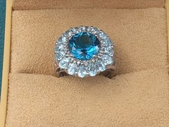 Pretty Sterling Silver Ring Round London Blue & Oval Blue Topaz Stones Size 5.75