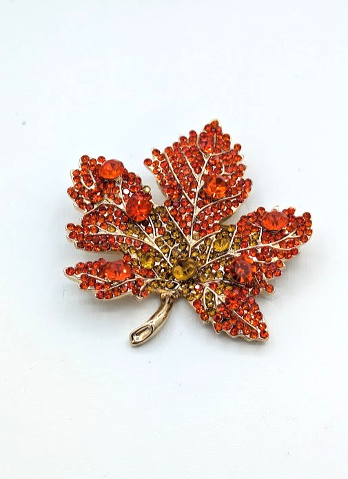 Vintage Brooch Maple Leaf Orange Honey Rhinestone Gold Tone