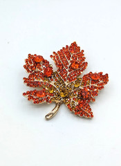 Vintage Brooch Maple Leaf Orange Honey Rhinestone Gold Tone