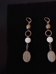 Vtg Brushed Gold & White Cabochon Stone Dangle Leverback Earrings 3.5 in Long