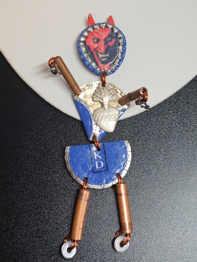 HUGE 5″ Vtg DIABLO Devil Sacred Heart Bottle Cap Pin Brooch RAMONA HOTEL 2008