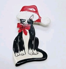 Christmas CAT Brooch Kitty Cat Pin Ceramic Large Holiday Jewelry 3.5 in