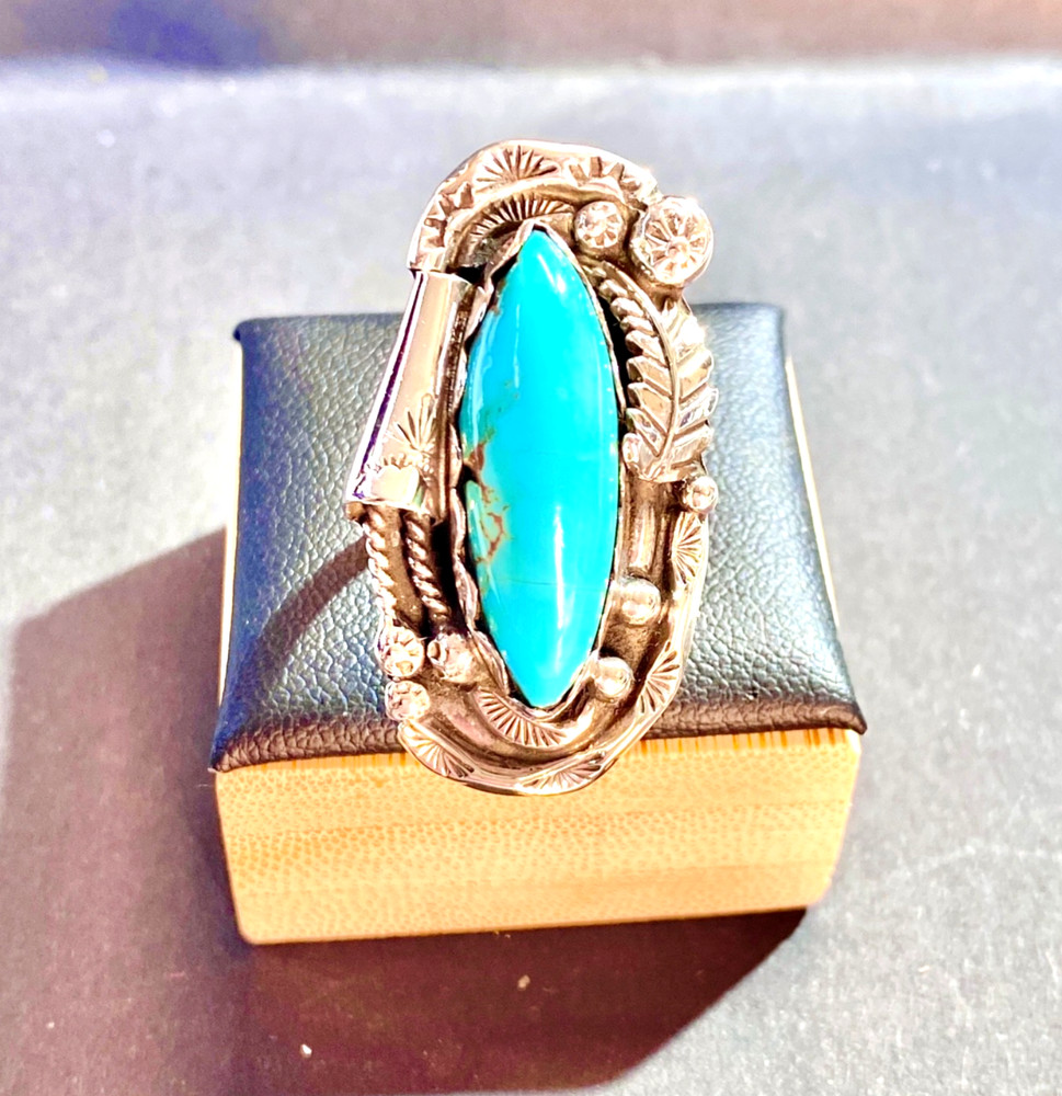 Vintage Sterling Native American 8×24 mm Turquoise Navette Ring Size 5.5 5 1/2