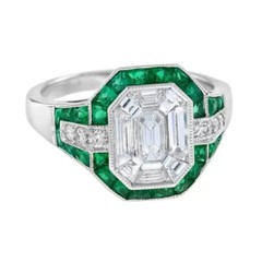 Art Deco Asscher Cut Halo Ring 2 Ct Lab Created Emerald 14k White Gold Over