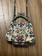 VCLM Tiny Purse Pendant Necklace Silver Tone Enamel Rhinestones Vtg Coquette