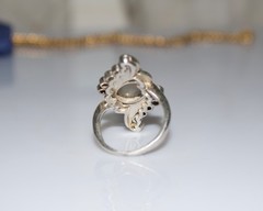 Vintage Moonstone & Sapphire Large Statement Ring in Palladium Bypass Design Cey