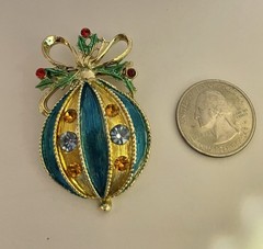 Vintage Turquoise Blue & Gold Enamel Rhinestone Stripe Christmas Ornament Brooch