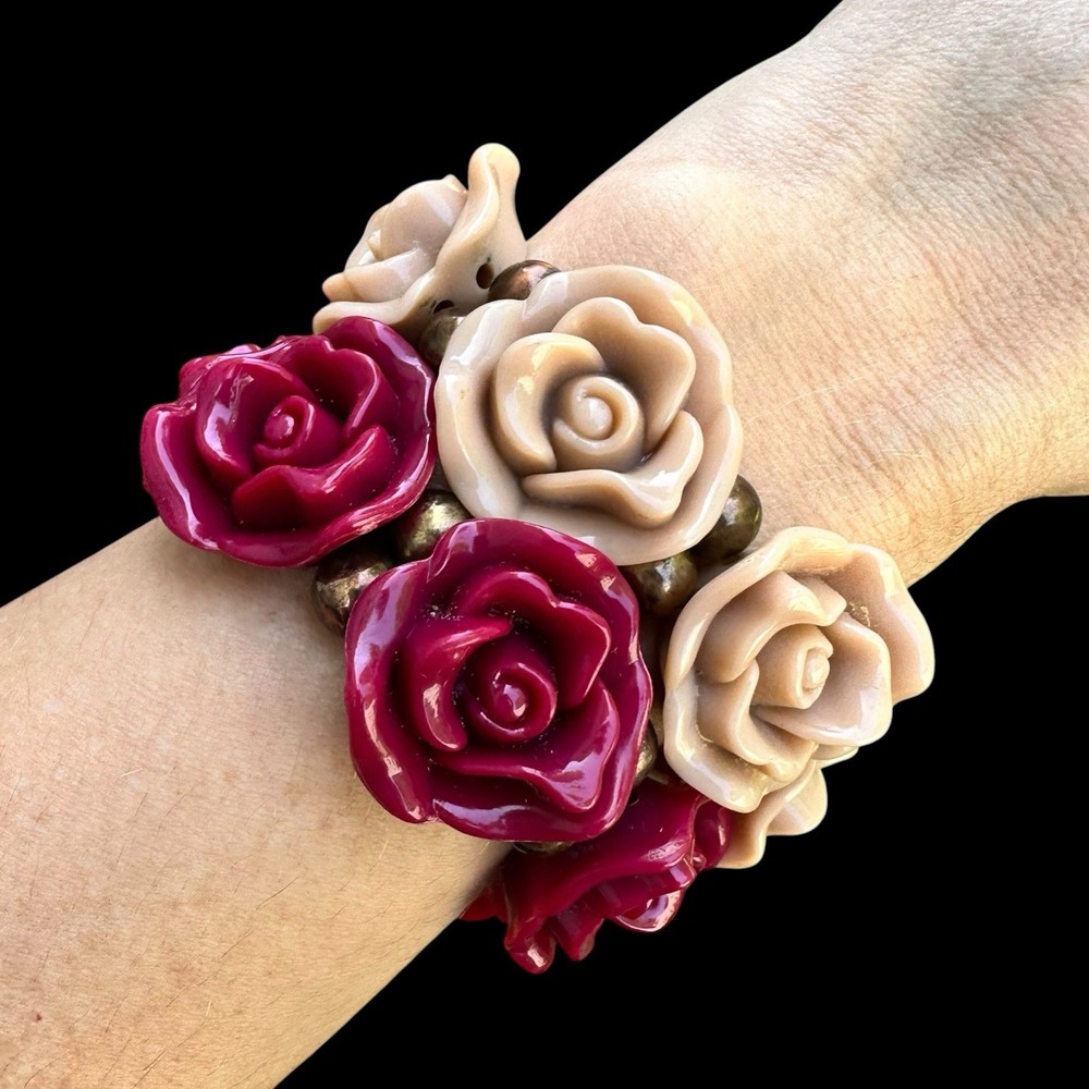 Carved Rose Bracelet Stack Flower Resin Pink Vintage Pink Red Gothic Romantic
