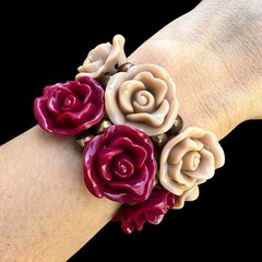 Carved Rose Bracelet Stack Flower Resin Pink Vintage Pink Red Gothic Romantic