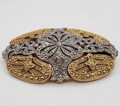 VTG Art Deco Style Brooch 2.5in Two Tone Filigree Domed Openwork Heavy 3D Estate