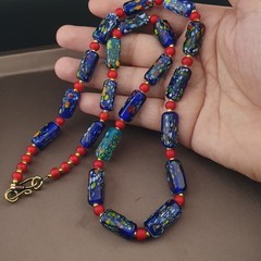 Vintage Venetian Midnight Mosaic Trade Glass Bead Necklace 24in 6.2–20.1mm