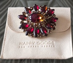 RUBY RED & AMBER RUNWAY BROOCH OVAL SMOOTH GLASS REDDISH/AMBER CABOCHON☆2.25″☆