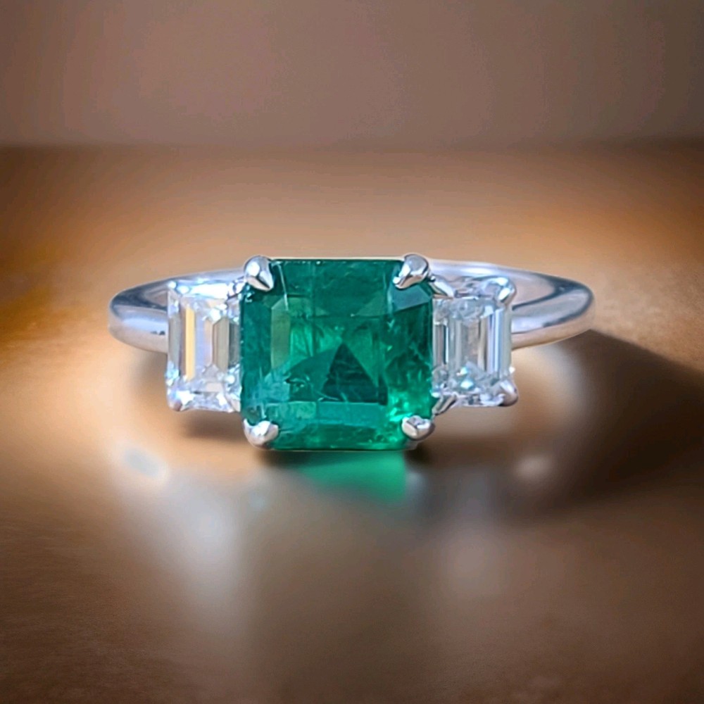 14K White Gold Natural Emerald Ring 1.73ct Radiant Cut w/ 0.80ct Diamond Accents
