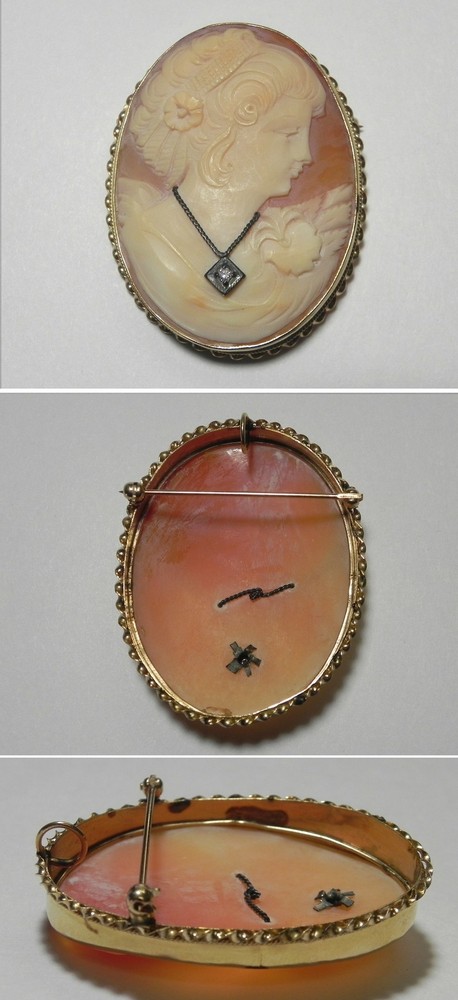 J613 Antique 14K YG 34mm x 45mm Carved Cameo w/Diamond Pin/Brooch/Pendant