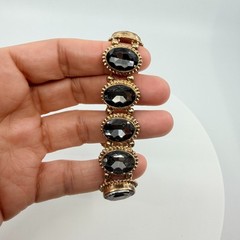 VTG Antique Gold Tone Smoky Gray Crystal Oval Panel Link Stretch Bracelet Boho