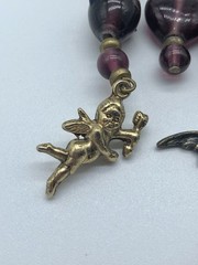 Vintage Charm Holder Safety Pin Brooch Dangling Purple Beaded Hearts Cupid Angel