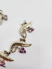 Vintage Judy Lee Signed Gold Tone Rhinestone Bracelet And Clip On Earrings Leaf