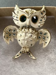 Antique Vintage Trafari Owl Green Eye Pin Enamel Pet Collection Brooch Jewelry