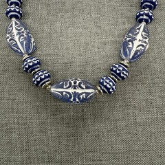 Vintage Necklace Blue White Patterned Beaded 22 Inches