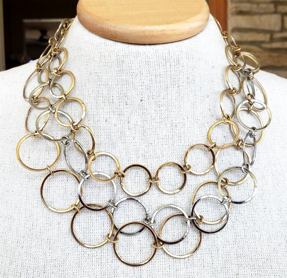 Vintage 3 Strand Circle Chain Gold Tone Layered Necklace 18.25″ Adjustable