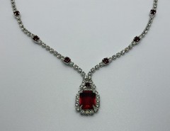 Vintage Faux Ruby White Rhinestone Necklace Silver Tone Wedding Prom Formal 15.5