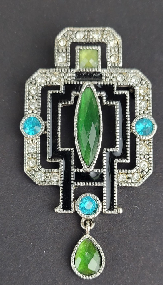 Silver Tone Multicolor Blue Green Rhinestone Brooch Art Deco Reproduction Design
