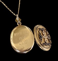 Antique GF Victorian Memorial Photo Locket Cross “With All Our Love” c. 1880s.