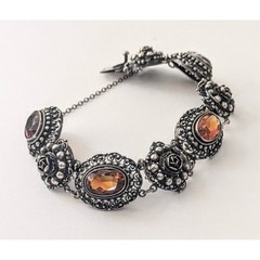 Antique PERUZZI Florence 800 Silver Ornate Rosette Faceted Citrine Link Bracelet