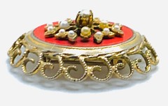 VTG Coro Faux Pearl Salmon Color Enamel Filigree 1950s 1960s Brooch