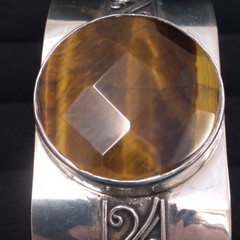Sterling Indonesia 925 Bangle Wide Cuff with Round Faceted Tiger Eye Stone