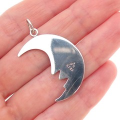 925 Sterling Silver Vintage Real Turquoise Inlay Crescent Moon Charm Pendant