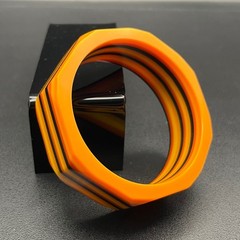 Vintage Laminated Lucite Octagonal Bangle Bracelet Orange Yellow Black Wide