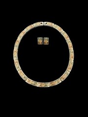 Vintage Art Deco Harlequin Green Beige Enamel Choker Earrings Jewelry Set