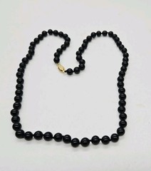 Black Glass Beaded Necklace Hand-Knotted MJ Signed Clasp Gold tone 26 in