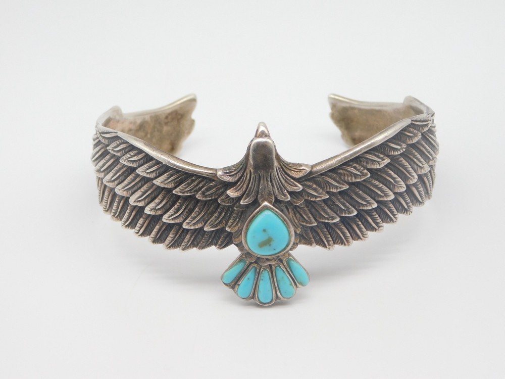 JTV DESIGNER BBJ STERLING SILVER BALD EAGLE BIRD TURQUOISE STONE CUFF BRACELET
