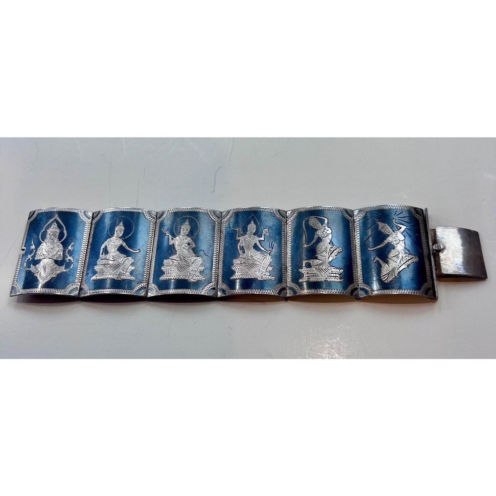 Vintage Siam Sterling Silver Niello Bracelet 6 Goddess Panels Mid Century Thai