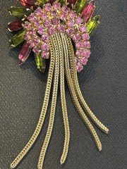 Vintage Fuchsia Chartreuse Rhinestone Waterfall Brooch Earrings Demi Parure Set